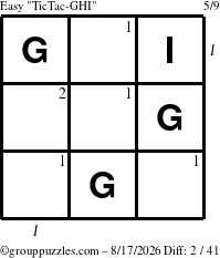 The grouppuzzles.com Easy TicTac-GHI puzzle for Monday August 17, 2026, suitable for printing, with all 2 steps marked