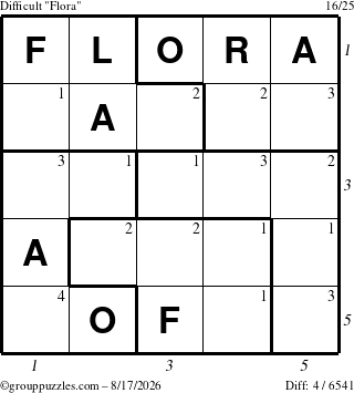 The grouppuzzles.com Difficult Flora puzzle for Monday August 17, 2026 with all 4 steps marked