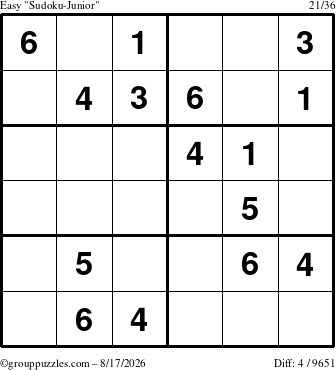 The grouppuzzles.com Easy Sudoku-Junior puzzle for Monday August 17, 2026