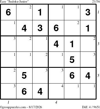 The grouppuzzles.com Easy Sudoku-Junior puzzle for Monday August 17, 2026 with all 4 steps marked