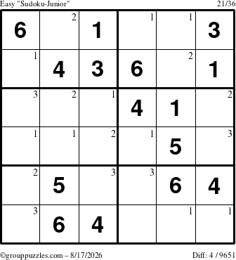 The grouppuzzles.com Easy Sudoku-Junior puzzle for Monday August 17, 2026 with the first 3 steps marked
