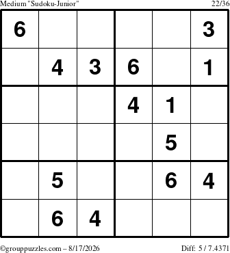 The grouppuzzles.com Medium Sudoku-Junior puzzle for Monday August 17, 2026