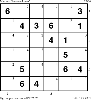 The grouppuzzles.com Medium Sudoku-Junior puzzle for Monday August 17, 2026 with all 5 steps marked