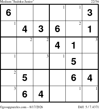 The grouppuzzles.com Medium Sudoku-Junior puzzle for Monday August 17, 2026 with the first 3 steps marked