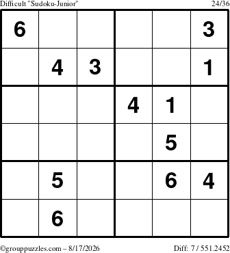 The grouppuzzles.com Difficult Sudoku-Junior puzzle for Monday August 17, 2026