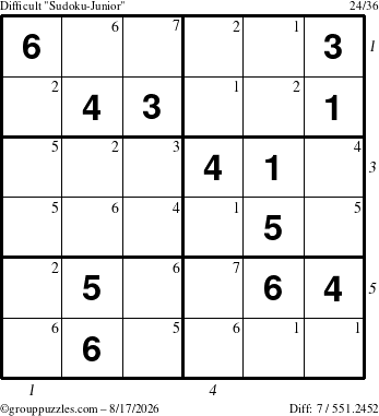 The grouppuzzles.com Difficult Sudoku-Junior puzzle for Monday August 17, 2026 with all 7 steps marked