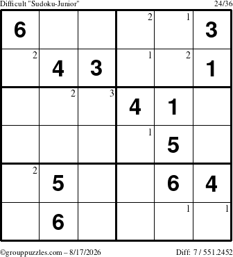 The grouppuzzles.com Difficult Sudoku-Junior puzzle for Monday August 17, 2026 with the first 3 steps marked