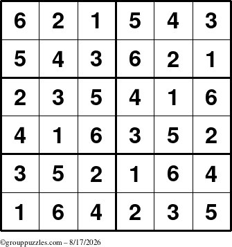 The grouppuzzles.com Answer grid for the Sudoku-Junior puzzle for Monday August 17, 2026