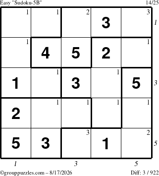 The grouppuzzles.com Easy Sudoku-5B puzzle for Monday August 17, 2026 with all 3 steps marked