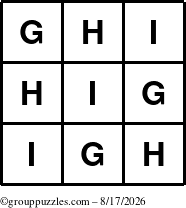 The grouppuzzles.com Answer grid for the TicTac-GHI puzzle for Monday August 17, 2026