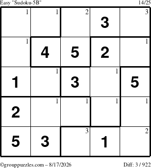 The grouppuzzles.com Easy Sudoku-5B puzzle for Monday August 17, 2026 with the first 3 steps marked