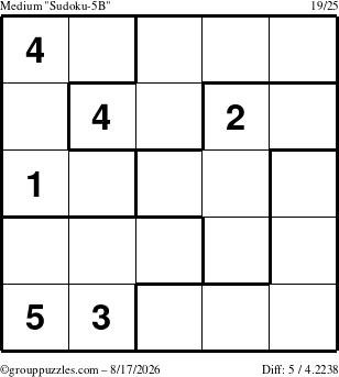 The grouppuzzles.com Medium Sudoku-5B puzzle for Monday August 17, 2026