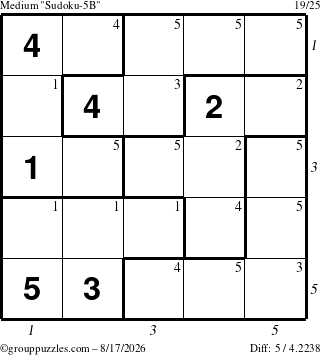 The grouppuzzles.com Medium Sudoku-5B puzzle for Monday August 17, 2026 with all 5 steps marked