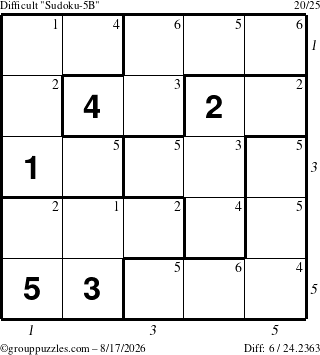 The grouppuzzles.com Difficult Sudoku-5B puzzle for Monday August 17, 2026 with all 6 steps marked