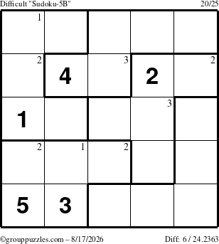 The grouppuzzles.com Difficult Sudoku-5B puzzle for Monday August 17, 2026 with the first 3 steps marked