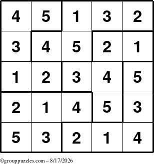 The grouppuzzles.com Answer grid for the Sudoku-5B puzzle for Monday August 17, 2026
