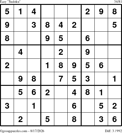 The grouppuzzles.com Easy Sudoku puzzle for Monday August 17, 2026
