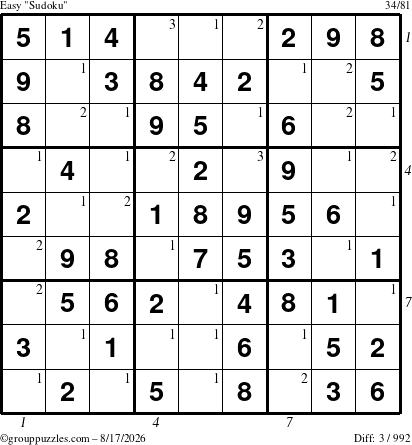 The grouppuzzles.com Easy Sudoku puzzle for Monday August 17, 2026 with all 3 steps marked