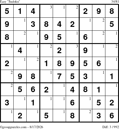 The grouppuzzles.com Easy Sudoku puzzle for Monday August 17, 2026 with the first 3 steps marked