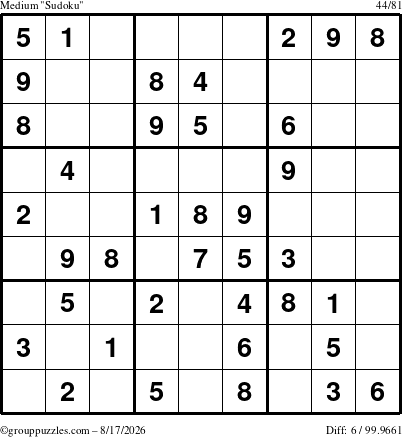 The grouppuzzles.com Medium Sudoku puzzle for Monday August 17, 2026