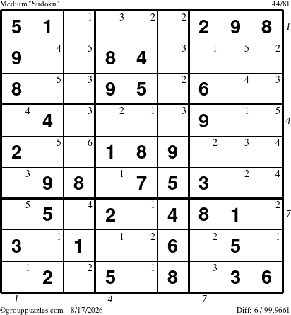 The grouppuzzles.com Medium Sudoku puzzle for Monday August 17, 2026 with all 6 steps marked