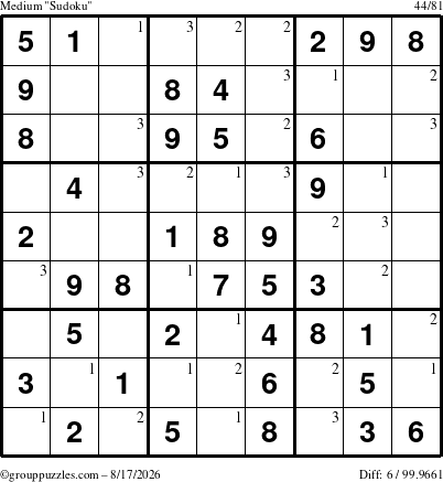 The grouppuzzles.com Medium Sudoku puzzle for Monday August 17, 2026 with the first 3 steps marked