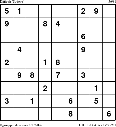 The grouppuzzles.com Difficult Sudoku puzzle for Monday August 17, 2026