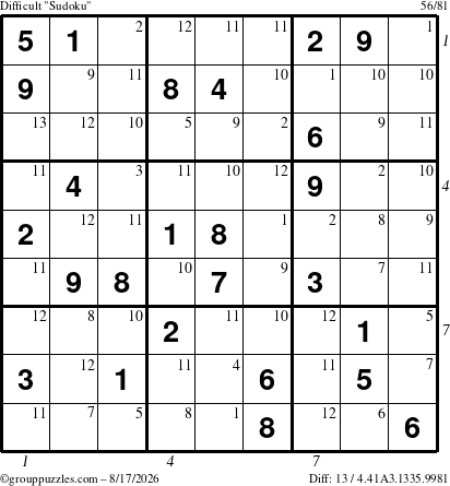 The grouppuzzles.com Difficult Sudoku puzzle for Monday August 17, 2026, suitable for printing, with all 13 steps marked