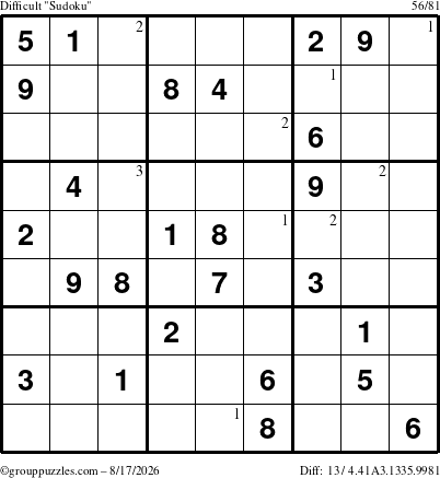 The grouppuzzles.com Difficult Sudoku puzzle for Monday August 17, 2026 with the first 3 steps marked