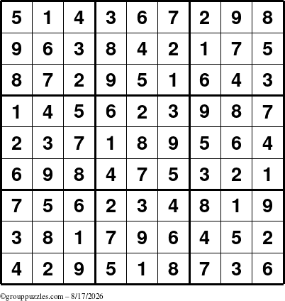 The grouppuzzles.com Answer grid for the Sudoku puzzle for Monday August 17, 2026