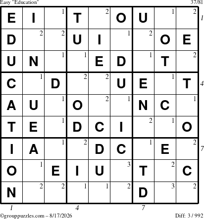 The grouppuzzles.com Easy Education-c1 puzzle for Monday August 17, 2026 with all 3 steps marked