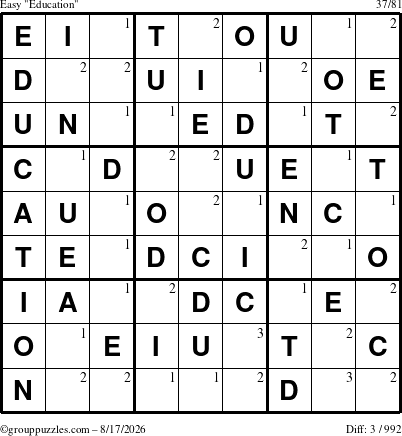 The grouppuzzles.com Easy Education-c1 puzzle for Monday August 17, 2026 with the first 3 steps marked