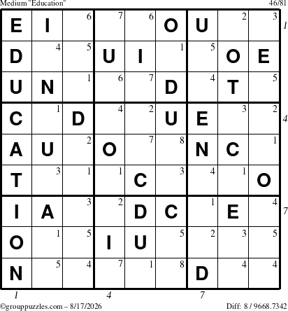 The grouppuzzles.com Medium Education-c1 puzzle for Monday August 17, 2026 with all 8 steps marked
