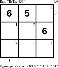 The grouppuzzles.com Easy TicTac-456 puzzle for Monday August 17, 2026, suitable for printing, with all 2 steps marked