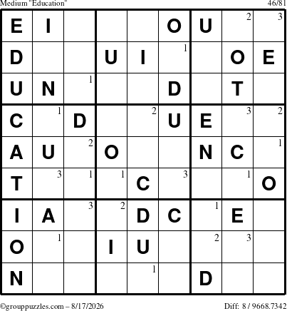 The grouppuzzles.com Medium Education-c1 puzzle for Monday August 17, 2026 with the first 3 steps marked