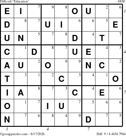 The grouppuzzles.com Difficult Education-c1 puzzle for Monday August 17, 2026 with all 9 steps marked