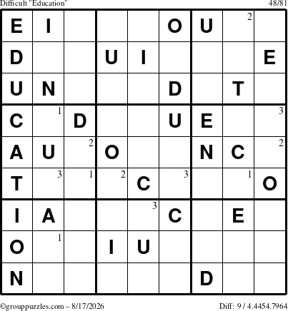 The grouppuzzles.com Difficult Education-c1 puzzle for Monday August 17, 2026 with the first 3 steps marked