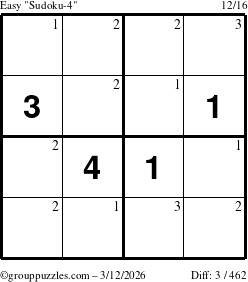 The grouppuzzles.com Easy Sudoku-4 puzzle for Thursday March 12, 2026 with the first 3 steps marked