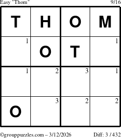 The grouppuzzles.com Easy Thom puzzle for Thursday March 12, 2026 with the first 3 steps marked