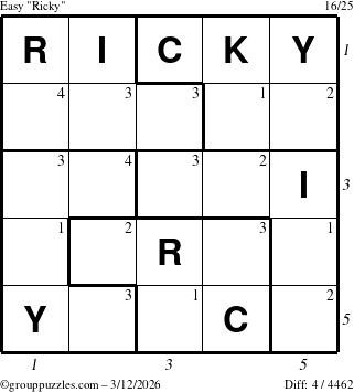 The grouppuzzles.com Easy Ricky puzzle for Thursday March 12, 2026 with all 4 steps marked