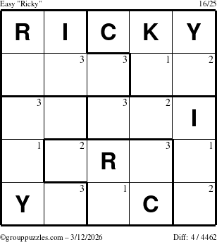 The grouppuzzles.com Easy Ricky puzzle for Thursday March 12, 2026 with the first 3 steps marked