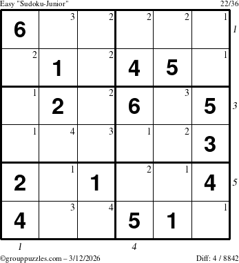 The grouppuzzles.com Easy Sudoku-Junior puzzle for Thursday March 12, 2026 with all 4 steps marked