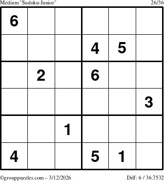 The grouppuzzles.com Medium Sudoku-Junior puzzle for Thursday March 12, 2026