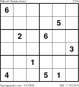 The grouppuzzles.com Difficult Sudoku-Junior puzzle for Thursday March 12, 2026