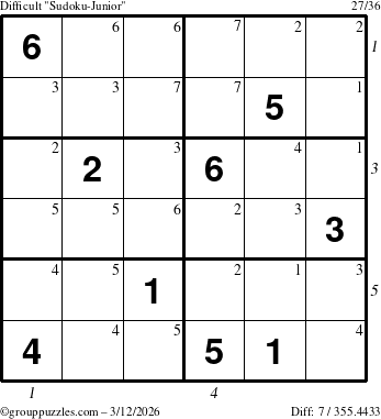 The grouppuzzles.com Difficult Sudoku-Junior puzzle for Thursday March 12, 2026 with all 7 steps marked