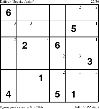 The grouppuzzles.com Difficult Sudoku-Junior puzzle for Thursday March 12, 2026 with the first 3 steps marked