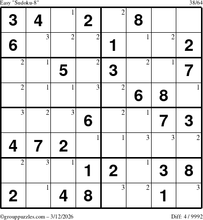 The grouppuzzles.com Easy Sudoku-8 puzzle for Thursday March 12, 2026 with the first 3 steps marked