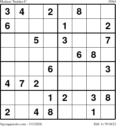 The grouppuzzles.com Medium Sudoku-8 puzzle for Thursday March 12, 2026