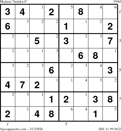 The grouppuzzles.com Medium Sudoku-8 puzzle for Thursday March 12, 2026 with all 6 steps marked