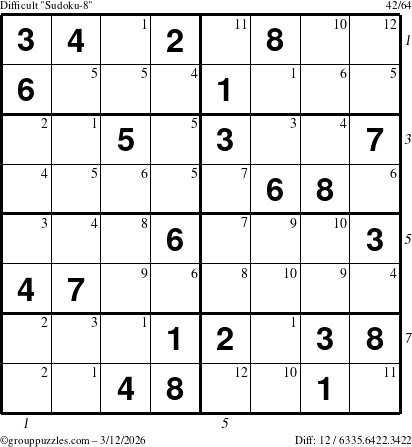 The grouppuzzles.com Difficult Sudoku-8 puzzle for Thursday March 12, 2026 with all 12 steps marked